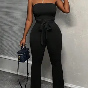 Casual basic elegant waist belt strapless flared pants women's jumpsuit