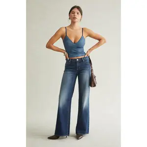 Pacsun Women's Casey Low Rise Baggy Jeans Rhinestone Dark Blue