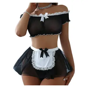 Sensual lingerie, passionate uniform, tempting maid costume, bra, skirt, thong, fishnet stockings 4-piece set for women, comfortable Black Fabric stage
