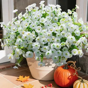 Artificial Flowers Fake Plants for Outdoor Decor, 12 Bundles Decorative Floral Plastic Silk Morning Glory & Eucalyptus, UV Resistant Faux Flowers for Patio Yards, Lifelike Artificial Flower