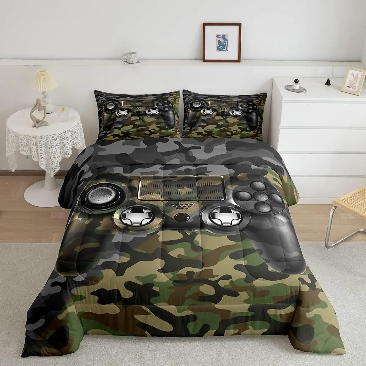 Gamer Designer Camouflage Pattern Comfy Decorative Bedroom Bedding Set - Green Black Camo Video Game Themed Quilted Duvet Set, Comfy Bedding Set, Decorative Bedding Set, Bed Set, Green-Themed Duvets & Sets