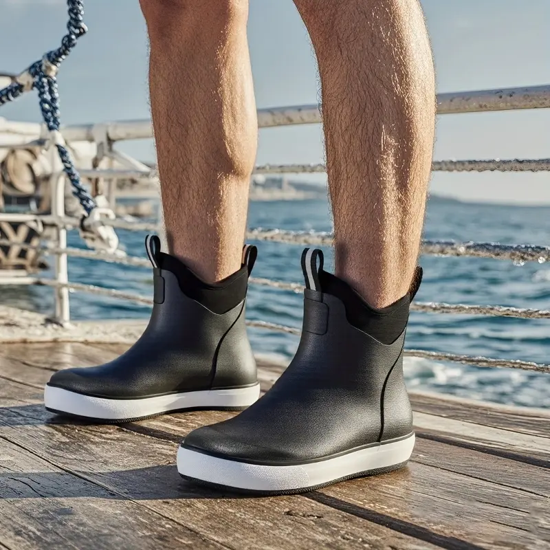 Men's Ankle Deck Boots, Slip-On Neoprene Rubber Rain Boots with Anti-Slip Traction for Saltwater Fishing and Boating, Footwear