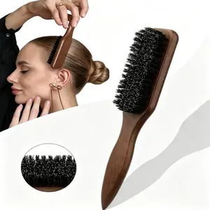 1pc Boar Bristle Slick Back Hair Brush, Paddle Brush - Smooths Flyaways, Tames Frizz - Soft Smoothing Hairbrush to Create Sleek Ponytails, Buns & Styling Edges - Teasing Brush for Women & Men with Fine/Medium Hair