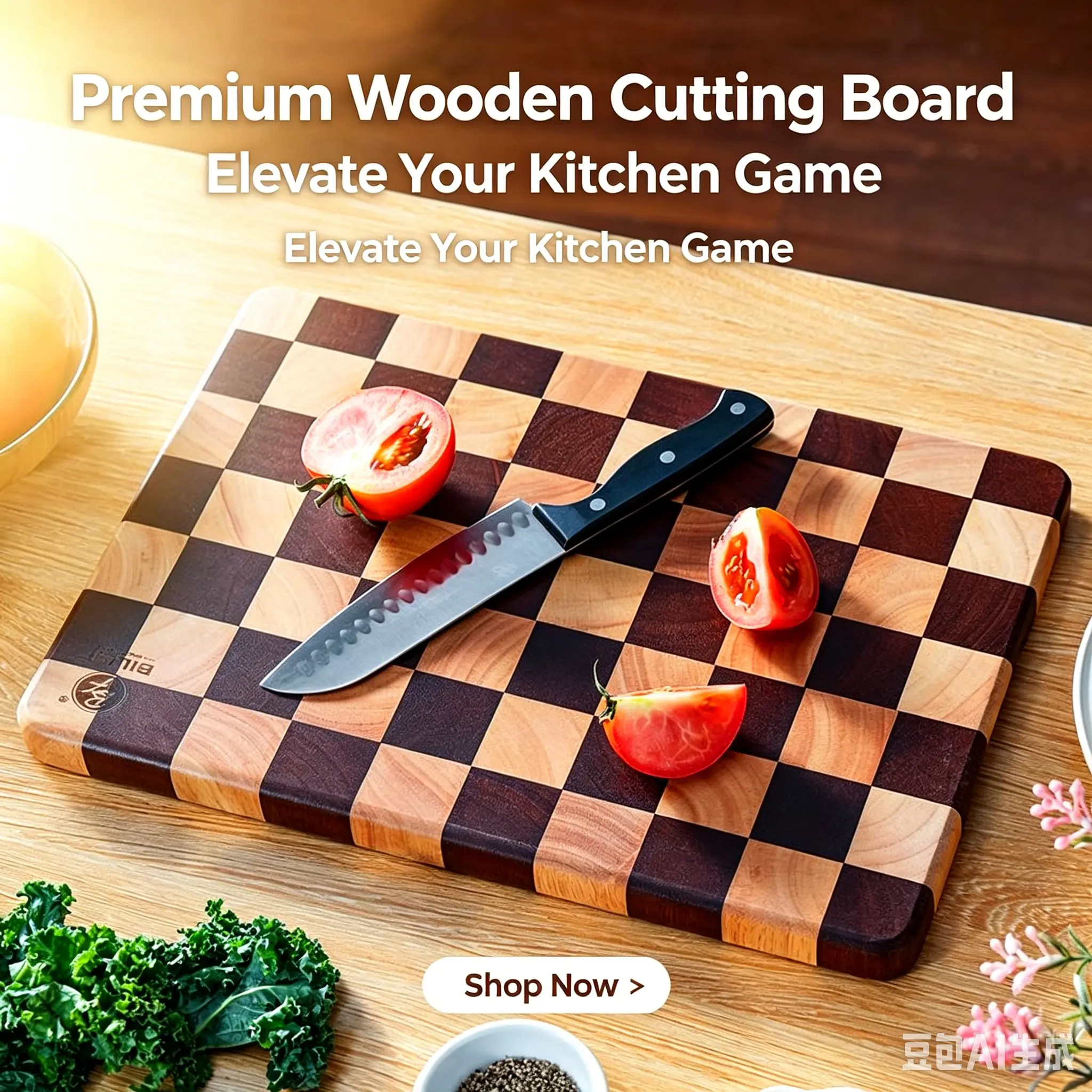 Bill.F Durable Classic Fashion Rubber Wood Cutting Board, 17.992 inches × 12.48 inches checkered meat cutting board, 1.92 inches thick, suitable for direct use in cooking, meal preparation, and serving (knife compatible). Wooden Stylish