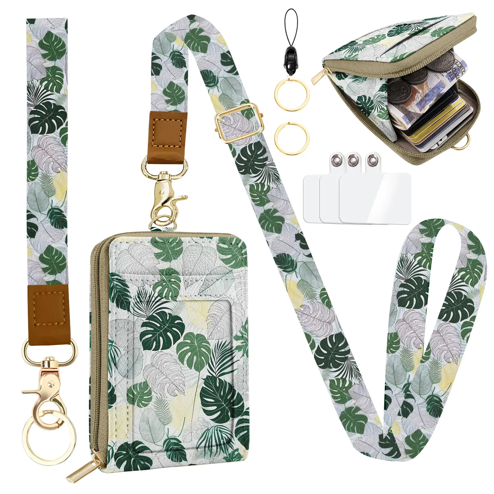 Lanyards for Id Badges,RFID Leather Lanyard Wallet,ID Badge Holder with Zipper Pocket Keychain Wallets Breakaway Wrist & Neck Lanyards for Office School Business-Tropical Leaves