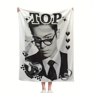 KPOP BIGBANG Flannel Blanket - A4 Size All-Season Soft Warm Throw with TOP Graphic Print, Music Notes & Stars Design for Bed, Sofa, Camping - Machine Washable Fan Gift, Blanket for Bed