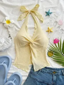 Fashion Sexy Halter Tie Back Criss Cross Cut Out Strap Tank Top, Casual Sleeveless Backless, Fitted Summer Casual Style, Moderate Fabric Thickness