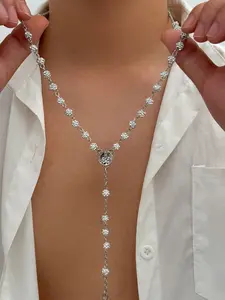 Vintage Metal Cross Pendant Y-Shaped Long Necklace, Rhinestone Beaded Necklace, Bohemian Style Colorful Rhinestone Beads Set, Men's Daily & Holiday Gift