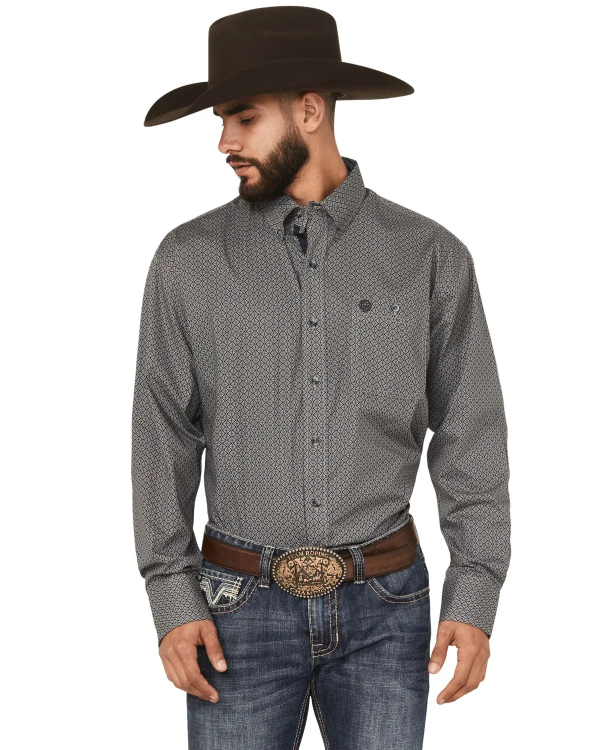 Wrangler Men's Men'S Micro Geo Print Long Sleeve Button-Down Western Shirt - 112369598