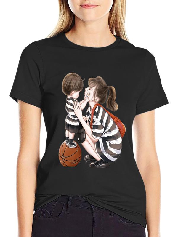 Women's Pure Cotton Crew Neck Short Sleeve Basketball Graphic Tee - Fitted Cut, Cute Mom & Son Heat Print, Lightweight Casual Halloween Top, Short Sleeves
