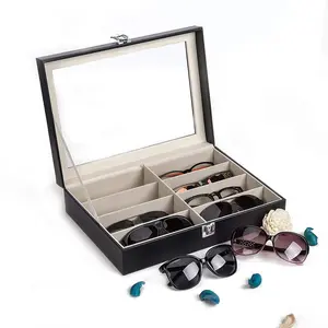 Leather Multi Sunglasses Organizer for Women Men Eyeglasses Eyewear Display Case Sunglass Glasses Storage Holder Box Sunglasses Collection Case with 8 Slots Black