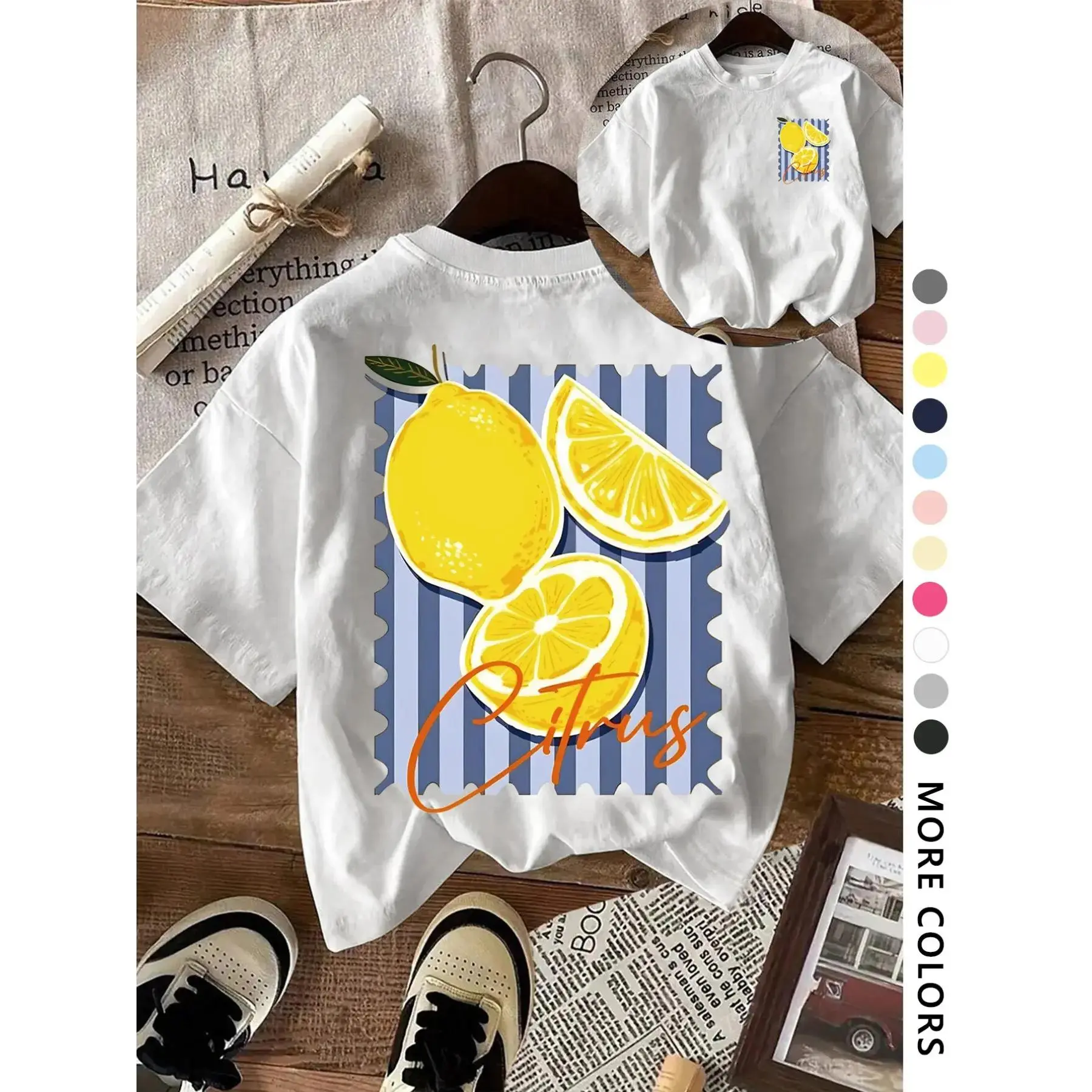 Lemon Print Fruit Summer Vacation Loose Fit Short T-Shirt, Casual Youth Fashion, Comfortable Campus Style, Dual-Sided Printed, Daily Wear