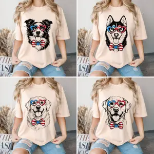 Cute Patriotic Dog Tshirt Sport Grey & Sand – (25 Dog) Heart Glasses, American Flag Bow Tie
