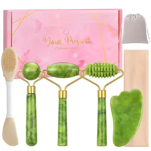 7-Piece Jade Roller & Gua Sha Set - Natural Jade Stone Face Roller Massager - Includes Ridge Roller,Non Slip Headband - Dual-Ended Mask Brush & Travel Bag - Professional Facial Tools for Deep Massage & Skin Prep, Facial Tools For Women