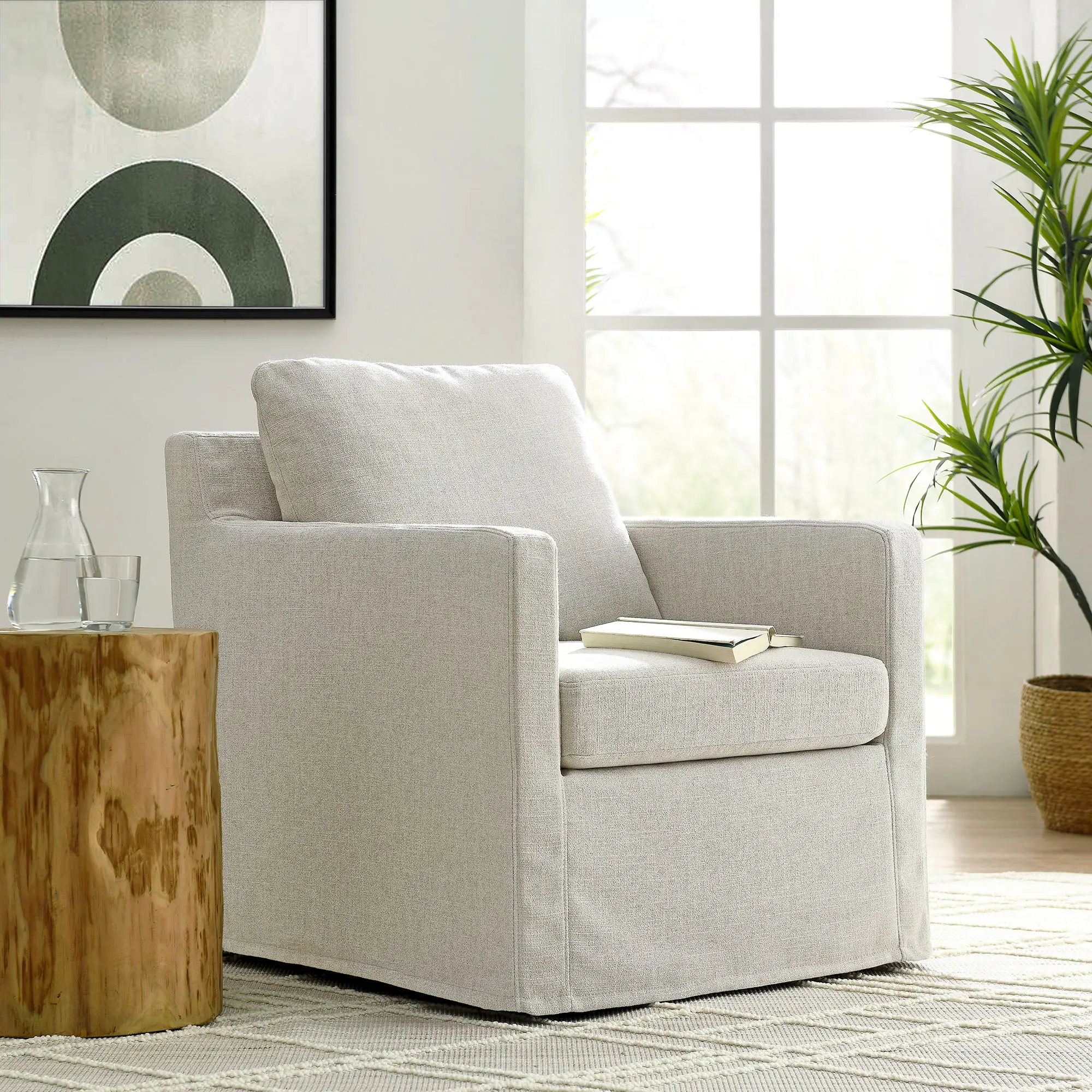 Serene Fabric Slipcovered Swivel Armchair in Linen