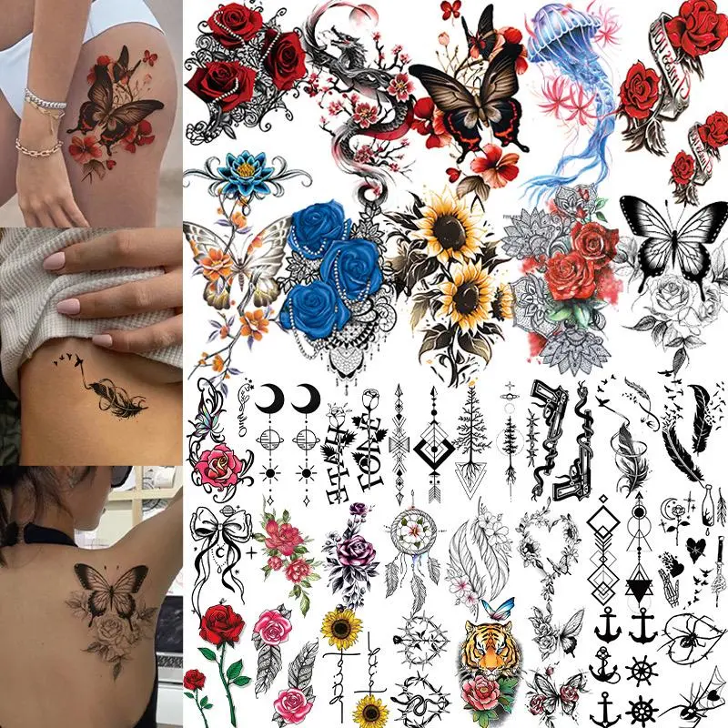 Women's 34-Sheet Waterproof Peel Off Sticker Tattoos, Long-Lasting 3D Body Art with Flowery Watercolor Flowers, Rose & Butterfly Designs, Festival Party Style Temporary Tattoos, Water Proof, Peel Off Tattoo