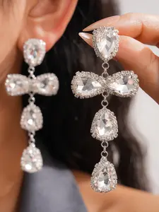 Elegant Water Drop Earrings with Rhinestones, Silver Color Studs for Women, Perfect Gift for Christmas & Birthdays, Fashion Jewelry