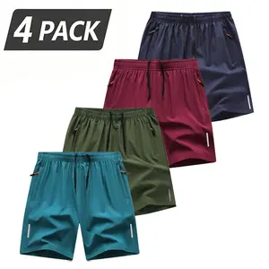 4-Pack Men’s Lightweight Quick-Dry Shorts, Elastic Waist Drawstring, Fitness/Outdoor Casual Bermuda Length