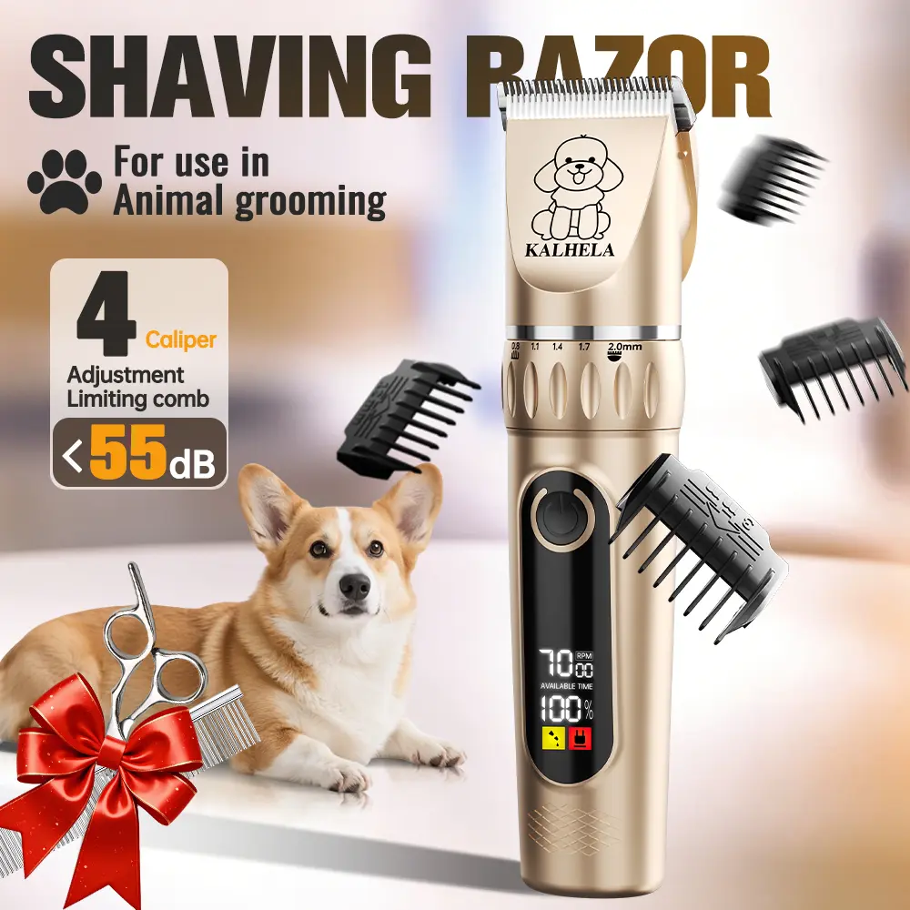 KALHELA Rechargeable Cordless Dog & Cat Grooming Clippers Kit - Low-Noise 2-Speed Electric Groomer Tools with LED Display, Trimmer, Shaver, ABS Body, Easy Clean, Removable Batteries (Yes to Rechargeability)