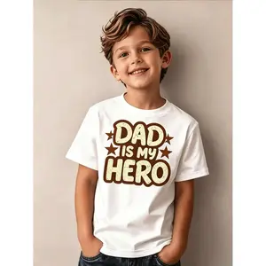 Kids White "Dad Is My Hero" Stars T-Shirt, Retro Brown Distressed Print, Casual & Stylish Everyday Wear for Kids