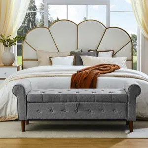 62" Bedroom Tufted Button Storage Bench Modern Fabric Upholstered Ottoman Window Bench Rolled Arm Design for Bedroom Living Room Foyer Grey