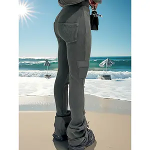 [High Waist Ribbed Flare Pants] Solid Color Flare Leg Pants, Casual High Waist Ribbed Pants For Spring & Summer, Women's Clothing