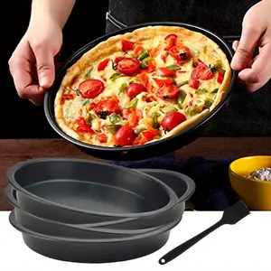 4-Pieces Pizza Tray, Black Pizza Tray Round, Diameter 22 cm, Non-Stick Pizza Plate, Large Pizza Plate for Pizzas, Pies and Cakes (with Silicone Grease Brush)