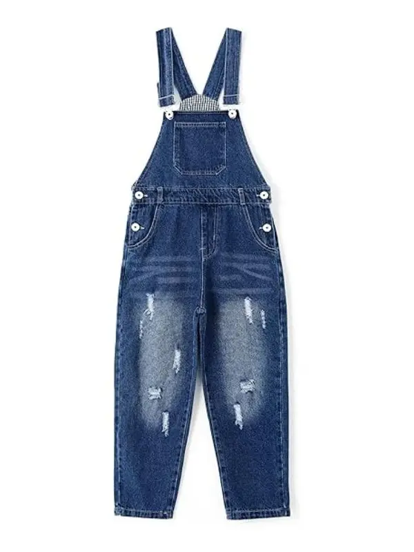 Kidscool Space Kids' Vintage Ripped Denim Bib Overalls, Unisex 100% Cotton Light Wash Pants with Adjustable Straps (9M-14Y), Button, Ripped Look