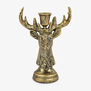 - Taper Candle Holder - Reindeer - Brass - 5.5" x 8" Classic Stag  Design Compatible with  Flickering Flameless LED Taper Candles