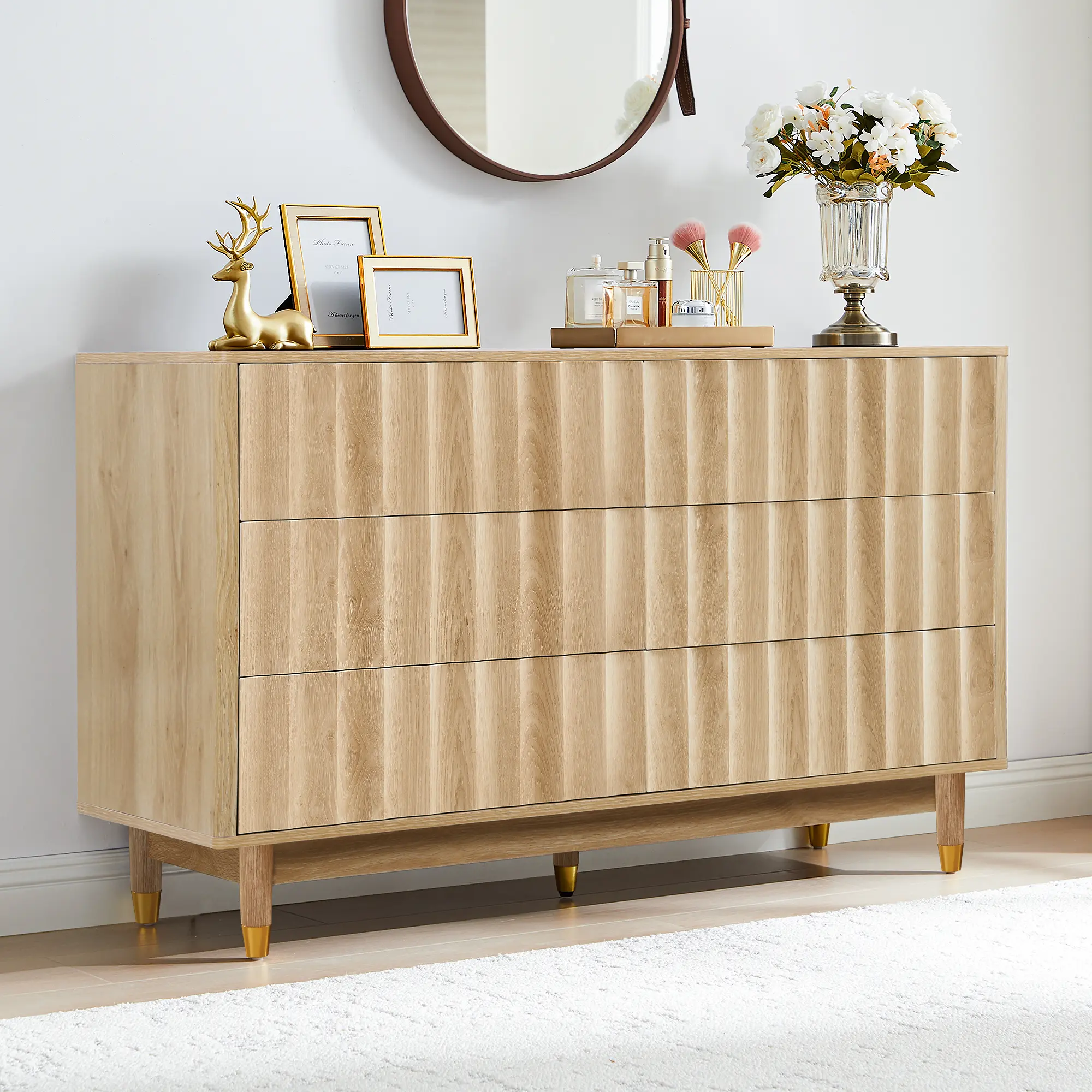 FurSch Mid-Century Modern 6-Drawer Dresser with Fluted Wood Design, 53" Storage Chest for Bedroom, Living Room, or Entryway