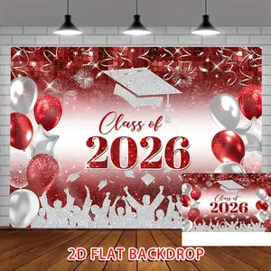 Graduation Theme Party Banner Background Cloth Tapestry Wall Hanging Decor Red Glitter Sequin Silver Graduation Cap Class of 2026 Photo Backdrop Party Decoration Supplies