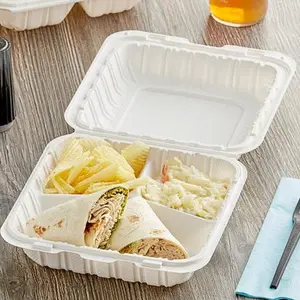 8 x 8 3-Compartment Microwaveable White Mineral-Filled Plastic Hinged Take-Out  Clamshell  - 150/Case Disposable
