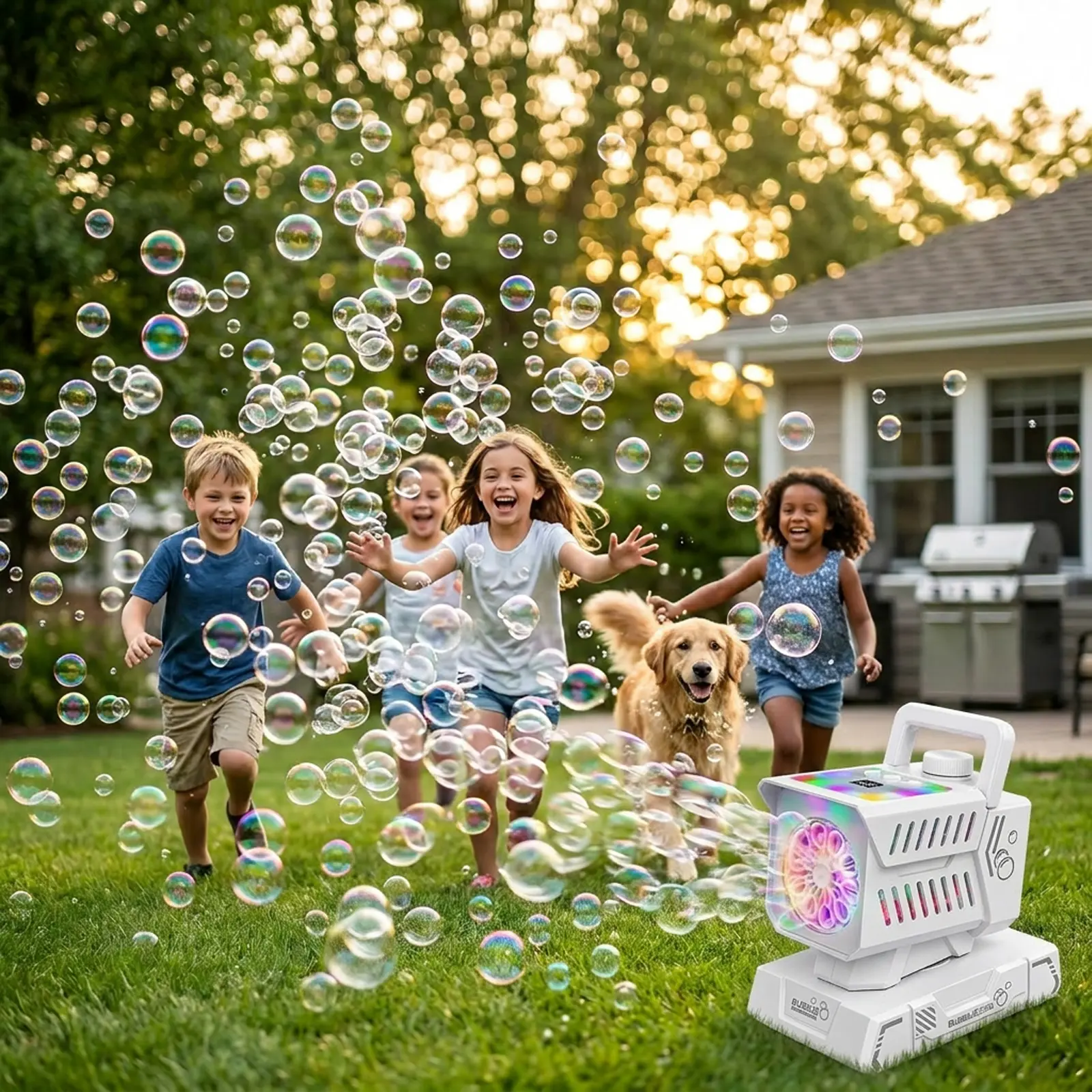 Fikomash Summer Fun Bubble Maker, Outdoor Pool Party Ready, 20K Bubbles/Min, Rechargeable & Portable, Fresh White
