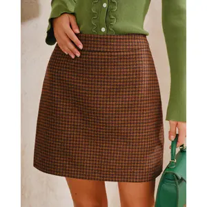 Brown Plaid Natural Waisted Straight Mini Skirt