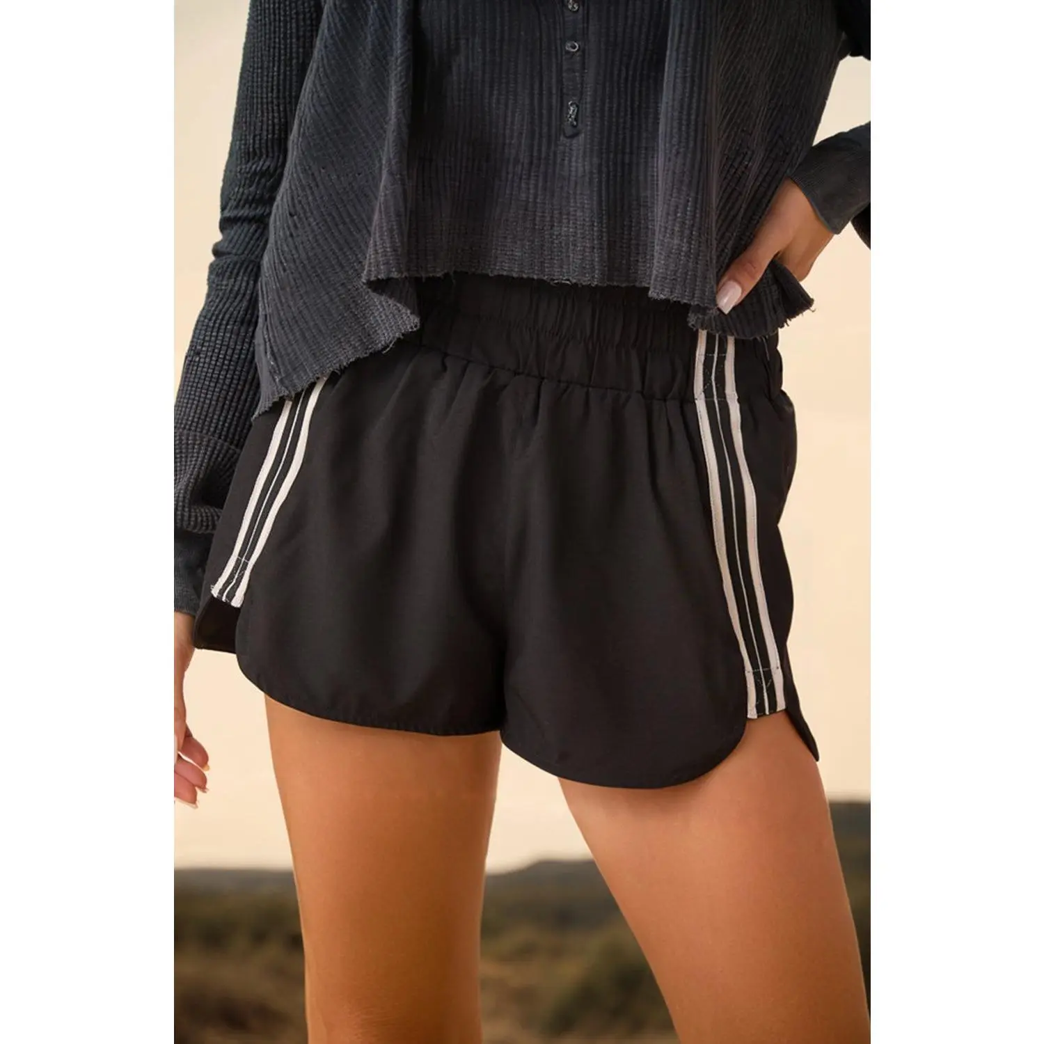 Black Elastic Waist Varsity Striped Detail Athleisure Shorts