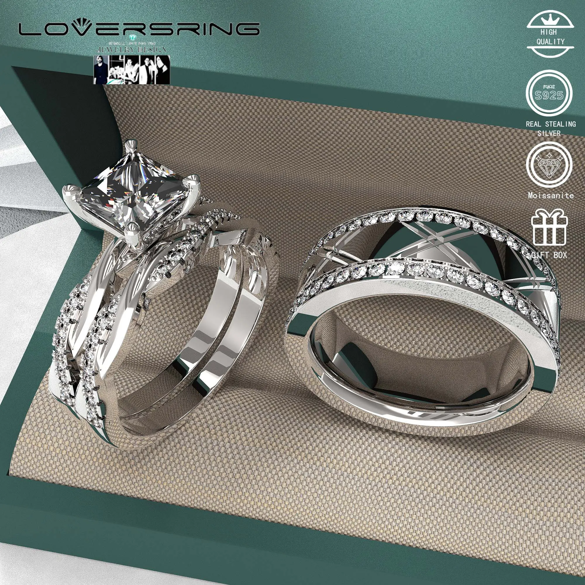 Wedding Ring Sets His And Hers Promise Ring Wedding Ring Sets His And Hers Couples Women 925 Sterling Silver Square Cut Moissanite Man titanium Wedding Band