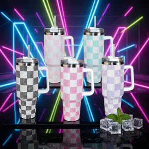 40oz Tumbler, Rhinestone tumbler, Checkered Pattern, Stainless Steel Vacuum Insulation Thermal Insulation Portable Drinkware Mug