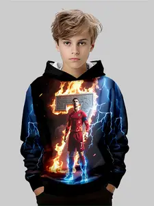 Trendy Boys' Hooded Sweatshirt, Graphic Print Hoodie, C Ronaldo Flame Lightning Design, Fall & Winter Casual Style, Fitted Medium Fabric, Street Fashion Essential