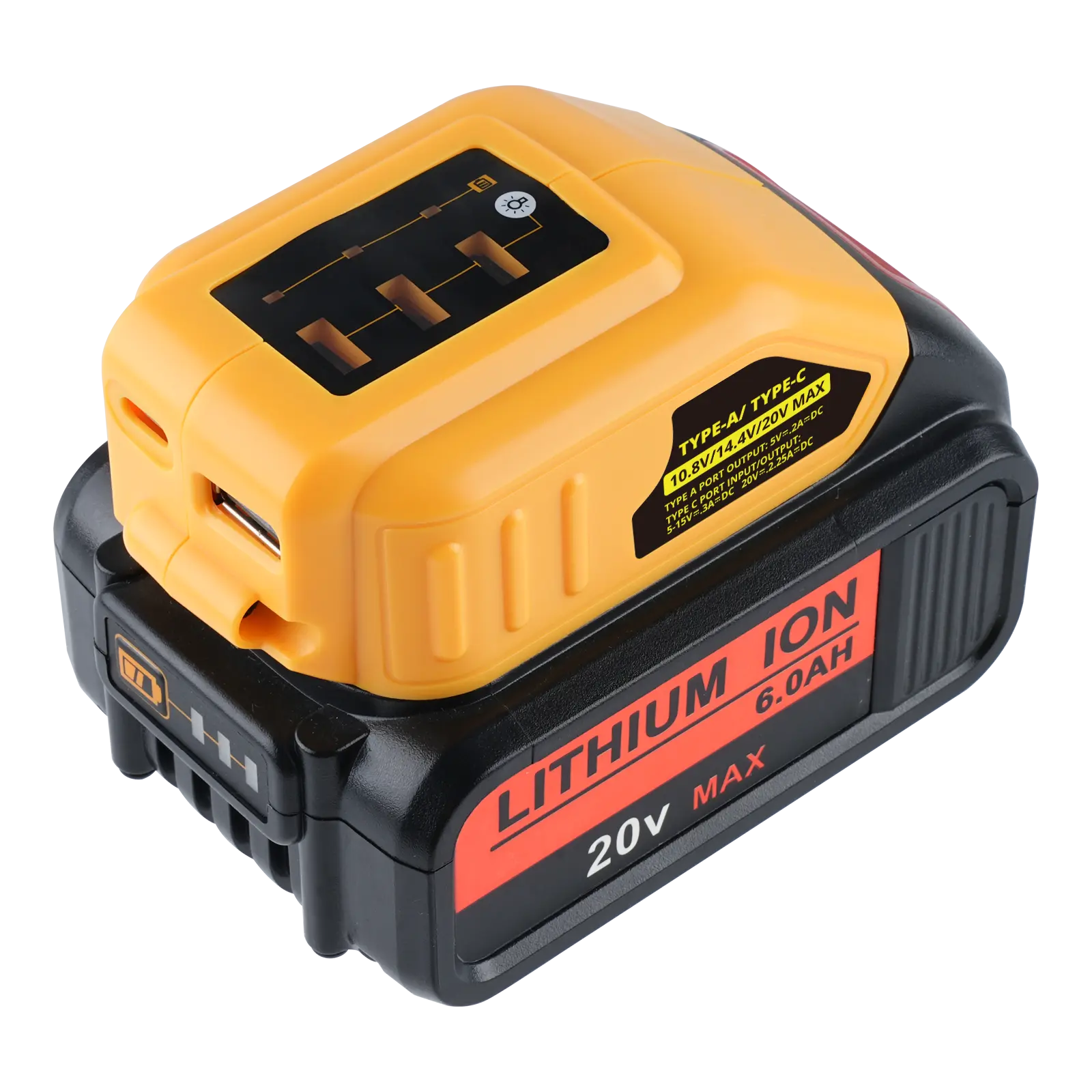 DCB090 Durable Electronic Battery Adapter for Dewalt 20V Max Batteries - 12-18V Compatible, 5V 2.1A Out, USB Ports (Charge 2 USBs), LED Work Light, Jobsite Abuse-Resistant for Digital/Mobile Devices