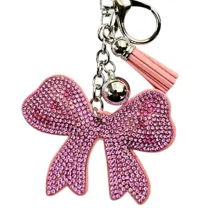 Pink Rhinestone Bow Keychains with Tassel and Bell Charm for Handbags and Purse Accessories