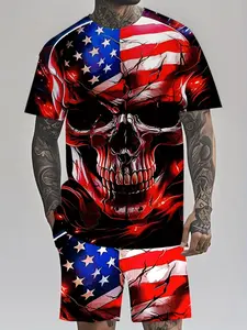 Men's American Flag Clothing Set, Includes 2 Short Sleeve T-Shirts and Shorts, Geometric Pattern, Casual Summer Outfit