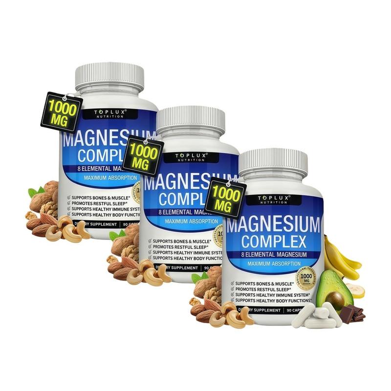 3 Bottles of Nutrition Magnesium Complex 1000mg 90 Capsules for Bone Muscle Sleep Immune Support with Malate Taurate Chelated for Easy Absorption