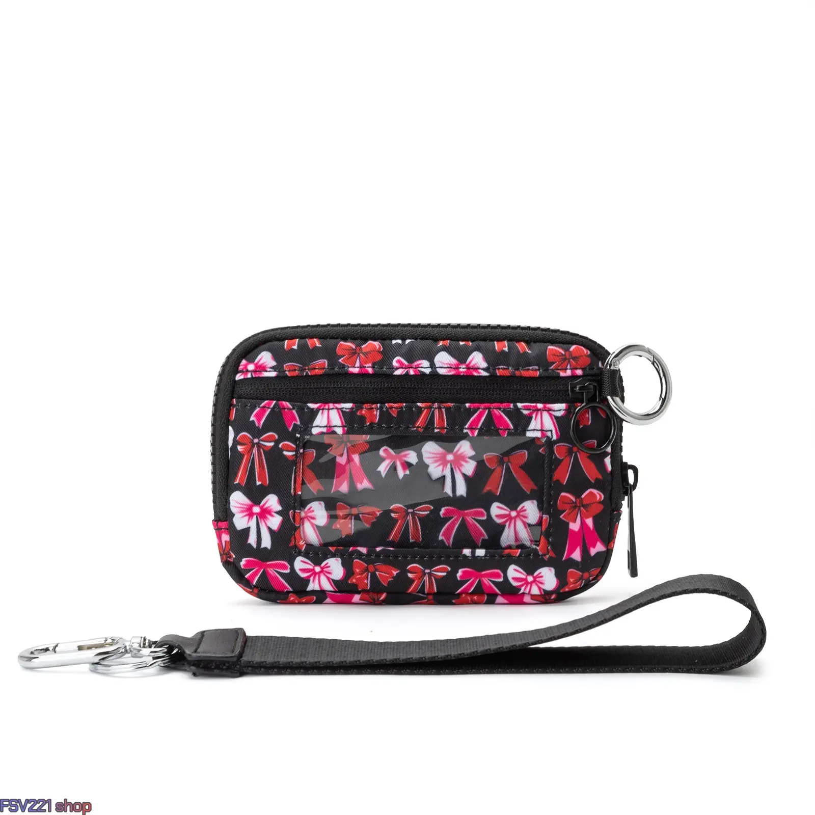 Coquette Style Bow Print Wristlet Wallet, Mini RFID Blocking Pouch for Women with ID Window and Removable Strap, Keychain Wristlet Wallet, Removable Wristlet