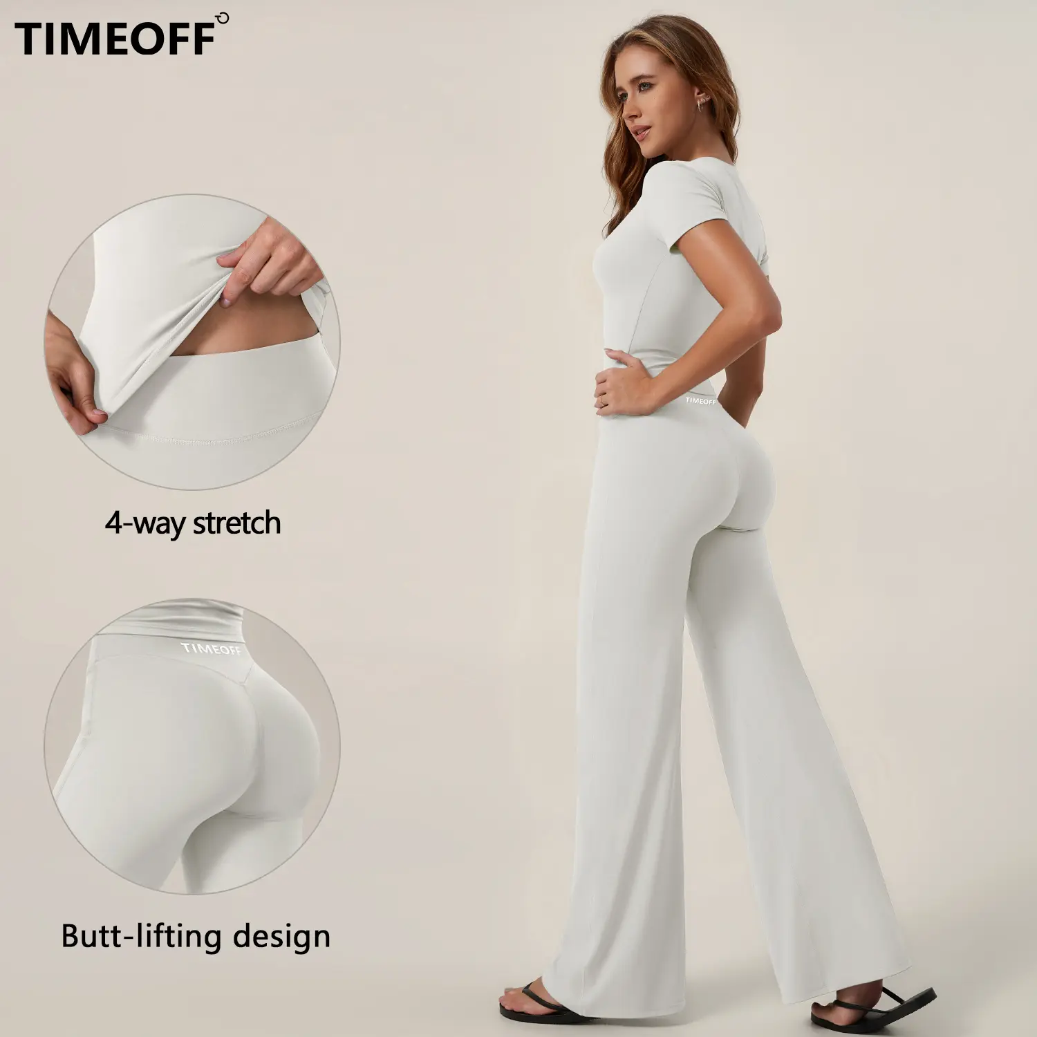 TimeOFF Women's 2-Piece Short Sleeve Workout Set - Fitted Crop Top & High Waist Wide Leg Pants, 4-Way Stretch Soft Fabric, Butt-Lifting Sculpt Seam, Tummy Control, Non-Ride Up, Breathable, Ideal for Yoga, Gym, Women's Clothes, 2 Piece Sets, Woman 2 Piece