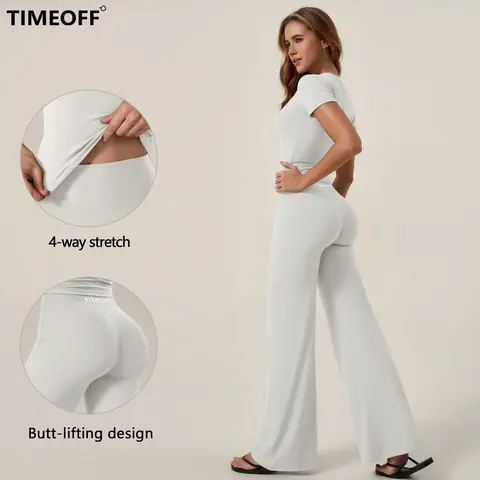 TimeOFF Women's 2-Piece Short Sleeve Workout Set - Fitted Crop Top & High Waist Wide Leg Pants, 4-Way Stretch Soft Fabric, Butt-Lifting Sculpt Seam, Tummy Control, Non-Ride Up, Breathable, Ideal for Yoga, Gym, Women's Clothes, 2 Piece Sets, Woman 2 Piece,