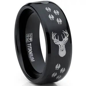 8MM Black High Polish Deer Head Track Titanium Ring Wedding Band, Men's Hunting Ring, Outdoor Jewelry