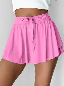 Summer Casual Sporty Plain Drawstring Elastic Waist Pants Skirt, Comfortable Inner Lining, Perfect for Daily Wear, Casual Sporty Skorts