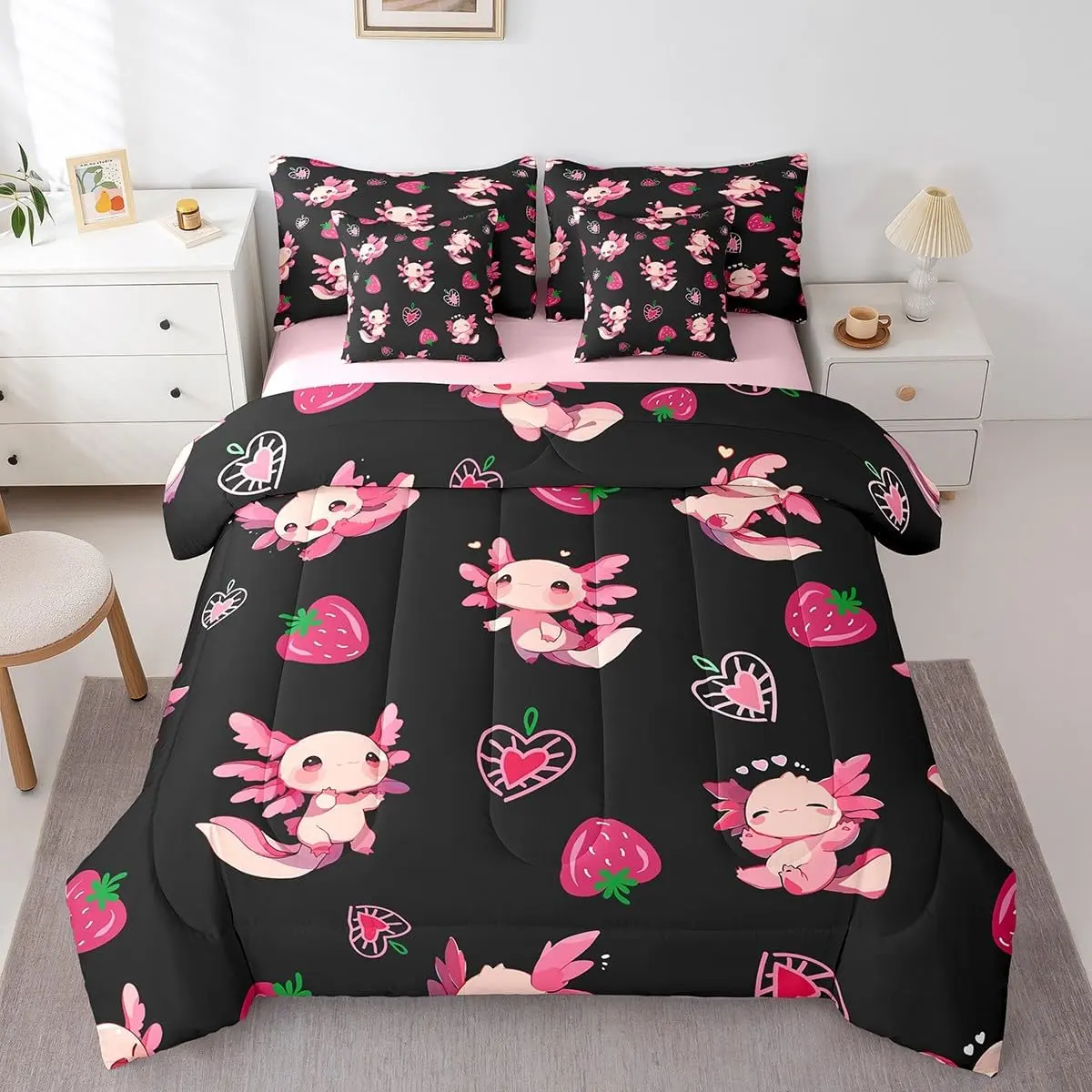 Feelyou 7-Piece Ultra Soft Axolotl Print Bedding Set - Pink Strawberry-Ocean Animal Themed Comforter Set, Multi-Size Aesthetic Bed-in-A-Bag for Coastal Decor, Seven Pieces