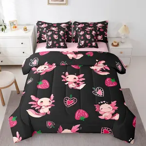 Cute Axolotl Bed in A Bag,Pink Axolotl Strawberry Printed Bedding Set,Aesthetic Bed Set,Ocean Beach Coastal Animal Themed Comforter Sets