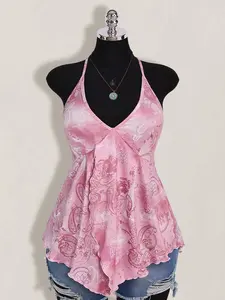ICON Plus Size Women Spring And Summer Vacation Casual Retro Printed Backless Halter Y2k V Neck Western Boho Beach Hippie Babydoll Top